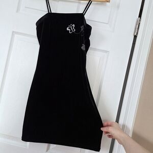 Black Velvet Mini Dress with Butterfly Embroidery